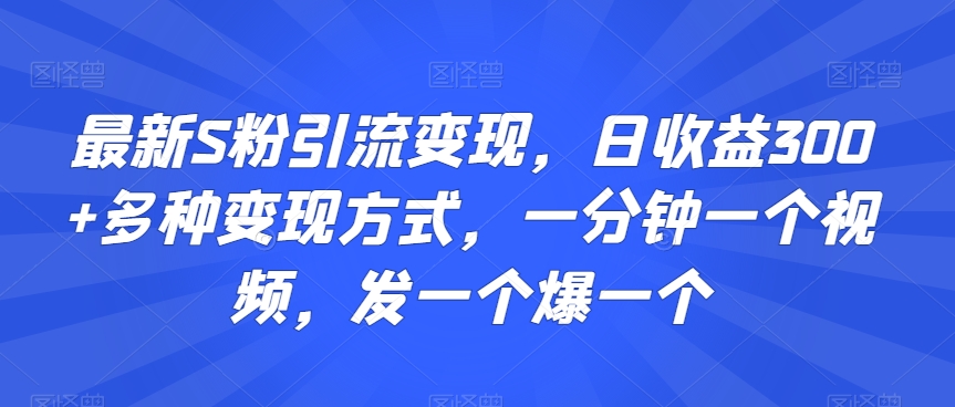 最新S粉引流变现，日收益300+多种变现方式，一分钟一个视频，发一个爆一个网赚项目-副业赚钱-互联网创业-资源整合歪妹网赚