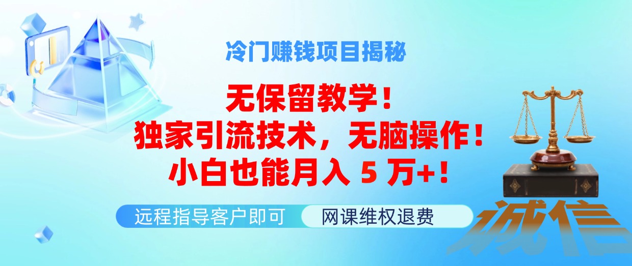 冷门赚钱项目无保留教学！独家引流技术，无脑操作！小白也能月入5万+！网赚教程-副业赚钱-互联网创业-手机赚钱-网赚项目-98副业网-精品课程-知识付费-网赚创业网98副业网