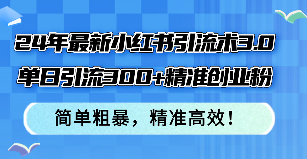 24年最新小红书引流术3.0，单日引流300+精准创业粉，简单粗暴，精准高效！-梦落网