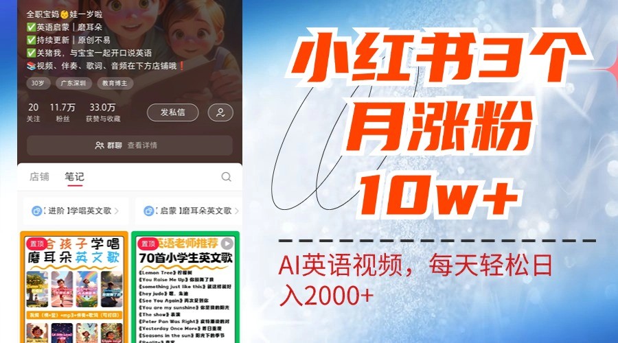 小红书三个月涨粉10W，AI英语视频0成本制作，每天轻松日入2000+网赚项目-副业赚钱-互联网创业-资源整合四水哥网创网赚