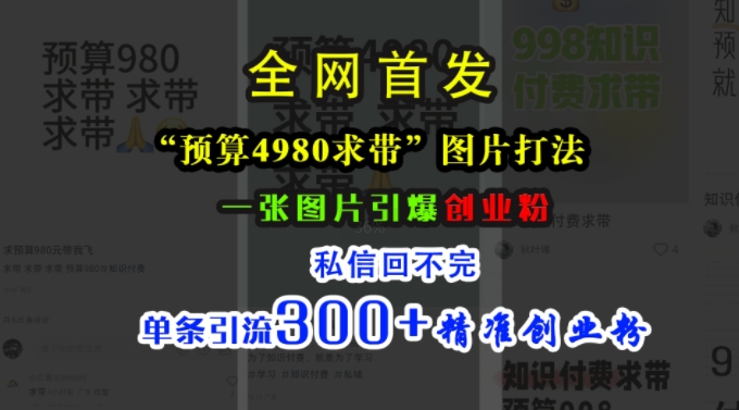 小红书“预算4980带我飞”图片打法，一张图片引爆创业粉，私信回不完，单条引流300+精准创业粉资源整合BMpAI