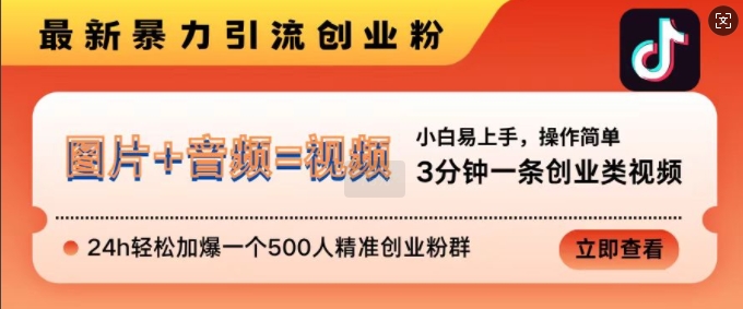 抖音最新暴力引流创业粉，3分钟一条创业类视频，24h轻松加爆一个500人精准创业粉群网赚项目-副业赚钱-互联网创业-资源整合歪妹网赚