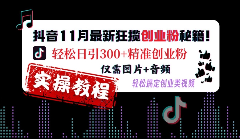 抖音11月最新狂揽创业粉秘籍，轻松日引300+精准创业粉，仅需图片+音频，轻松搞定创业类视频网赚项目-副业赚钱-互联网创业-资源整合四水哥网创网赚