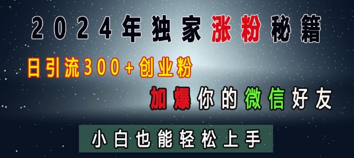 2024年独家涨粉秘籍，日引流300+创业粉，加爆你的微信好友，小白也能轻松上手网赚教程-副业赚钱-互联网创业-手机赚钱-网赚项目-98副业网-精品课程-知识付费-网赚创业网98副业网